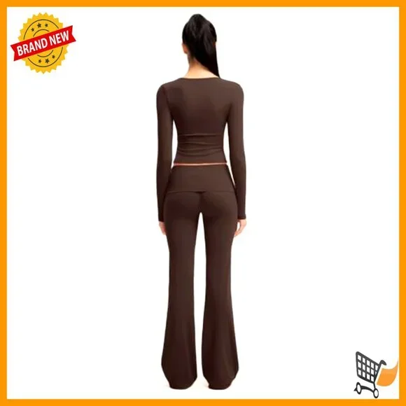 Y2K Two Piece Lounge Set V Neck Crop Top Fold Over Flare Leggings Tracksuit - Picture 3 of 5